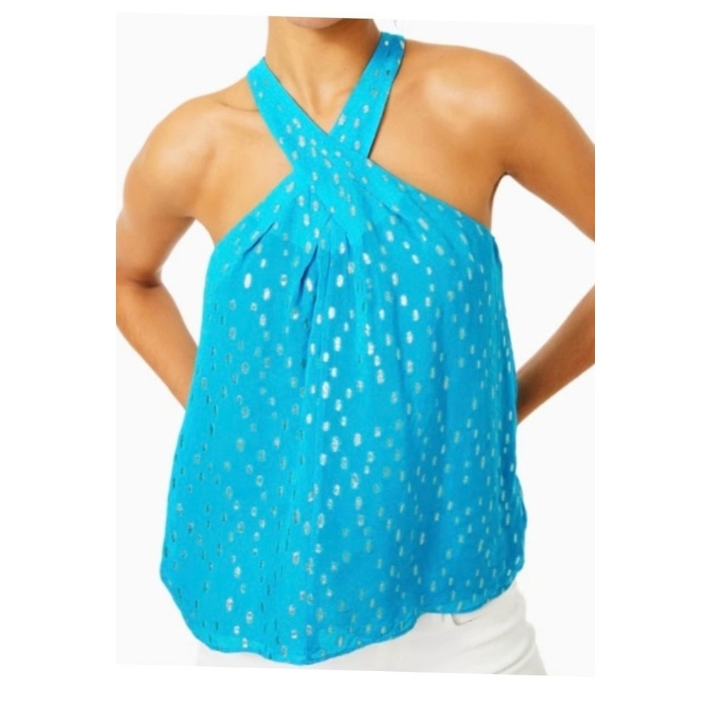 Lilly Pulitzer Rori Halter Top Cumulus Blue Metallic Gold Clip Dot Sz M